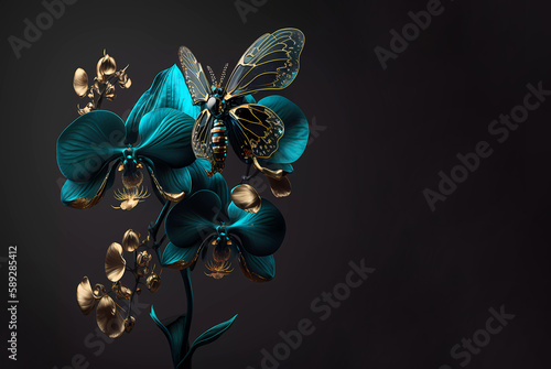 Turquoise orchid flower. Turquoise and gold butterfly on an orchid. Luxur orchid on a dark background. Generative AI