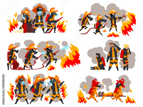 Professional firefighter putting out fire with rescue equipment. Firemen characters in uniform and helmets. Rescue emergency service in action vector