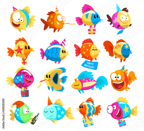 Cute colorful fishes in party hats with gifts. Funny sea animals celebrating birthday cartoon vector