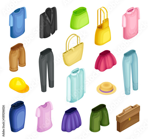 Clothing or Apparel Items Made of Fabrics with Pair of Jeans and Skirt Isometric Big Vector Set