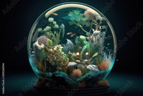 Fantasy 3D Globe with Plant and Water Cover in Molecular, Abstract, and Contemporary Glass Style