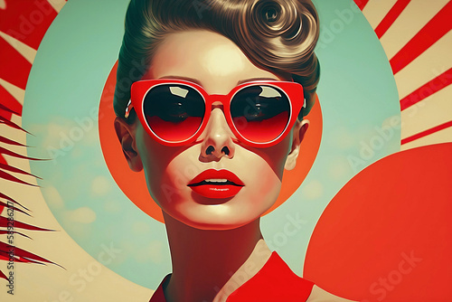 Retro style poster of a young pretty woman wearing fashionable sunglasses. AI generated illustration.