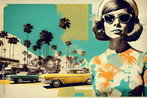 1960s style vacation travel poster. Young fashionable woman and a tropical town. photo