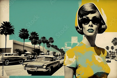 1960s style vacation travel poster. Young fashionable woman and a tropical town. AI generated illustration. photo