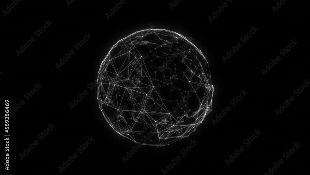 Abstract plexus sphere made of white dots and lines on a black background. Looped 4k animation.