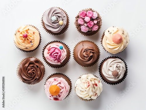 Cupcakes with buttercream frosting on white background, top view.