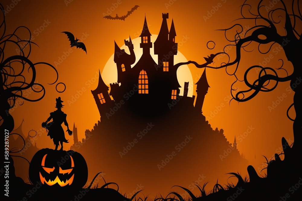 Halloween with lantern pumpkins, bats and ghosts Generative Ai.