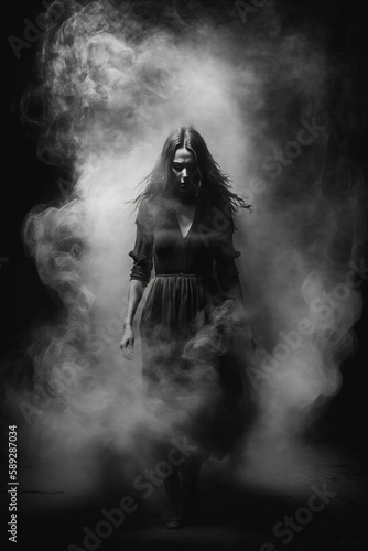 Generative Ai a woman in black emerging from smoke. 