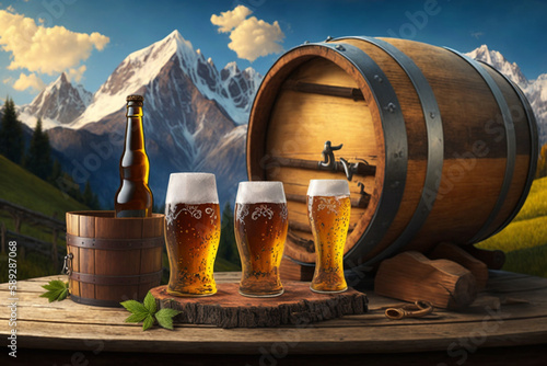 Generative AI of beer barrels and glasses of bear in front of the Alps. Oktoberfest background. 