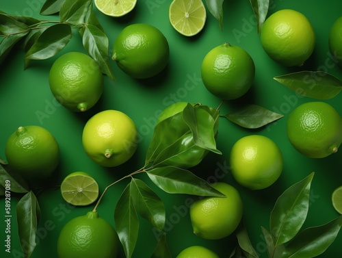 Fresh limes with leaves on color background, top view. Citrus fruits