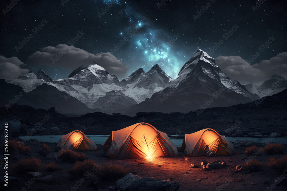 Glowing tents under the starry night and high mountains. generative AI.