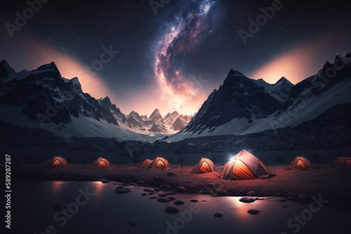 Glowing tents under the starry night and high mountains. generative AI.