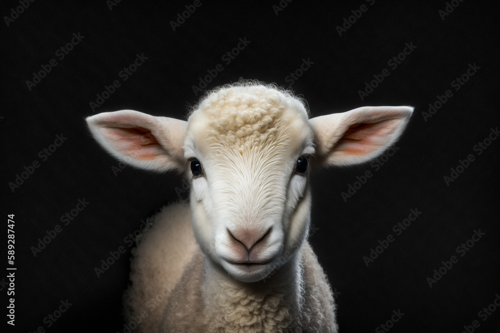 Generative AI of a baby lamb on black background. 