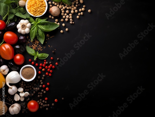 Various fresh vegetables and spices on black background. Top view with copy space