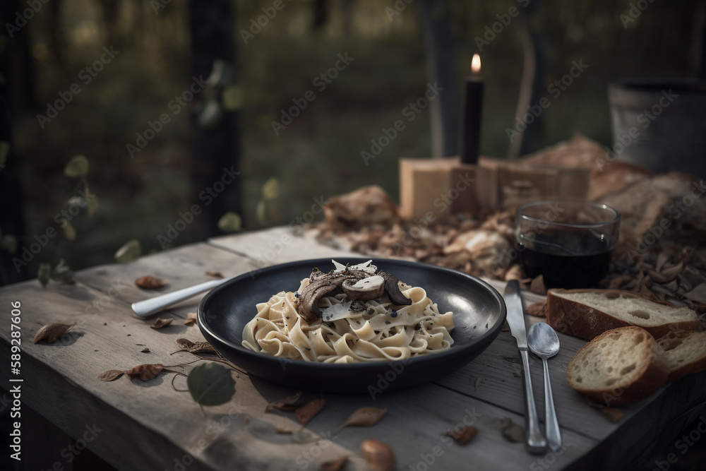 Bowl of rustic traditional tagliatelle pasta with a white sauce and mushrooms on a wooden table in the forest under soft lighting - Generative AI