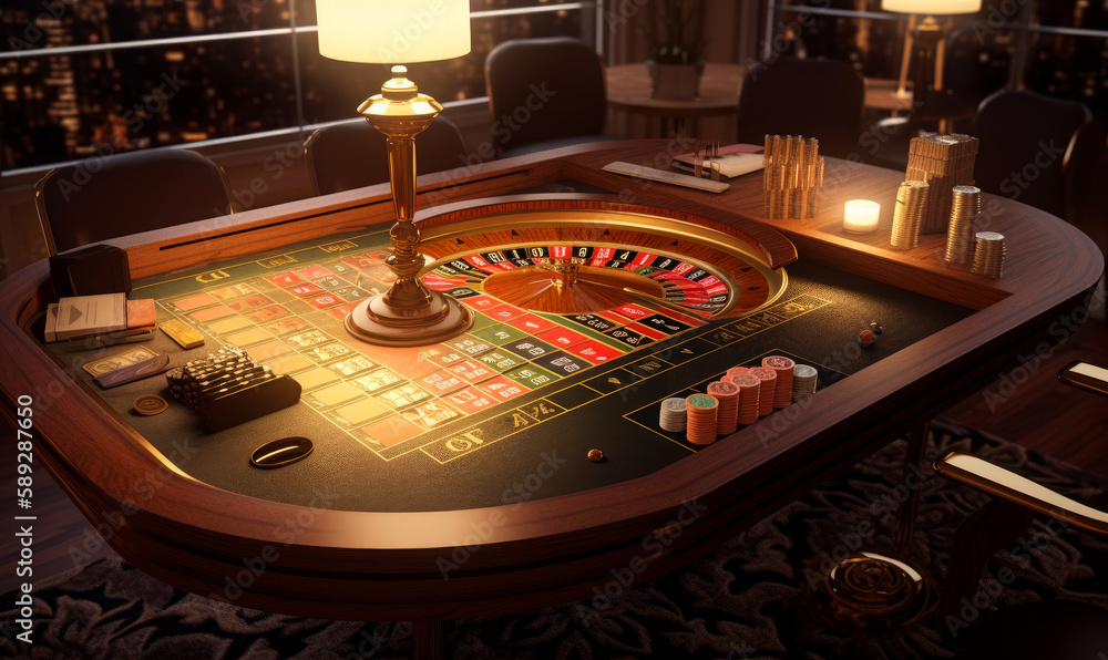 Wooden table for gambling in the room. Roulette wheel is in the middle and piles of chips around. Generative AI. Wooden table for gambling in the room. Roulette wheel is in the middle and piles of chips around. Generative AI.