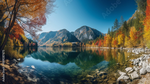 A majestic lakeside mountainrange with snow covered peaks and glassy water in a secluded forest the bright sunlight shining - Generative AI © Luca