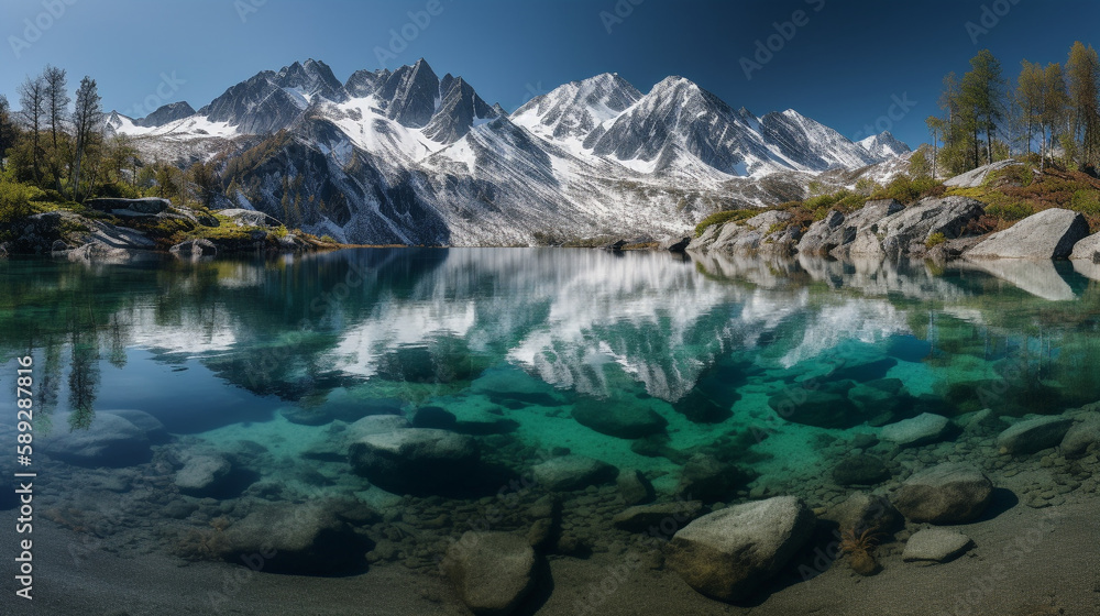 A majestic lakeside mountainrange with snow covered peaks and glassy water in a secluded forest the bright sunlight shining - Generative AI
