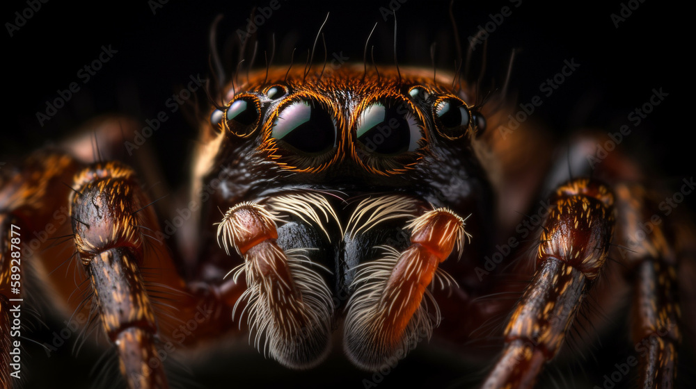 extreme close up macro photograph of a spiders head, showing the glistening spider eyes and hairy legs - Generative AI extreme close up macro photograph of a spiders head, showing the glistening spider eyes and hairy legs - Generative AI