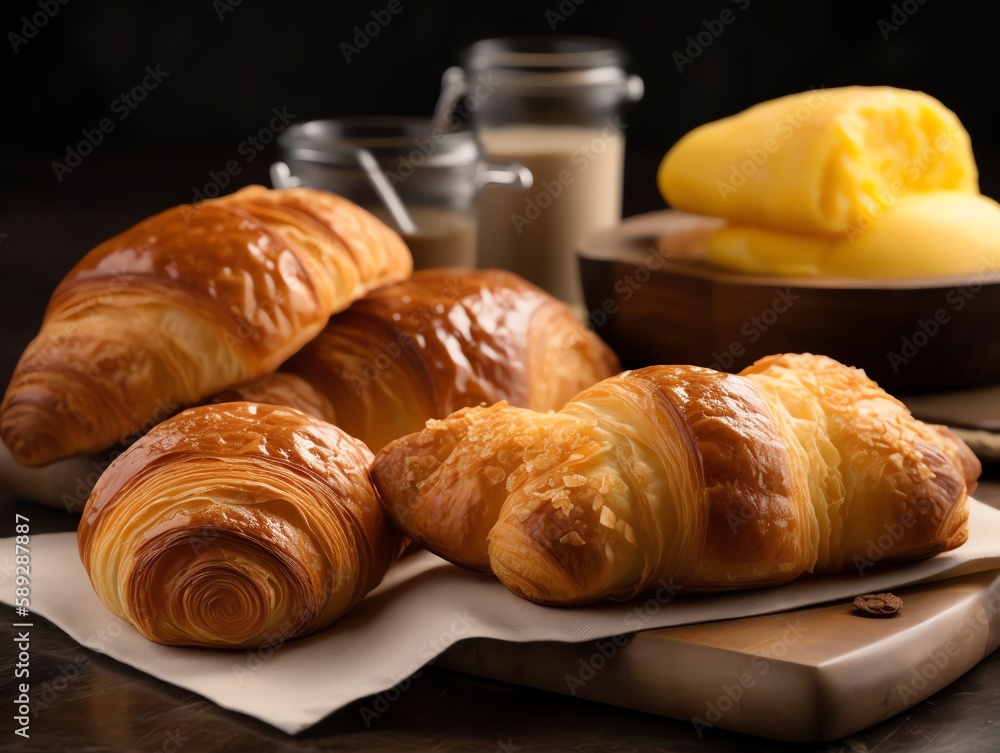 Freshly baked croissants with butter and milk on wooden table