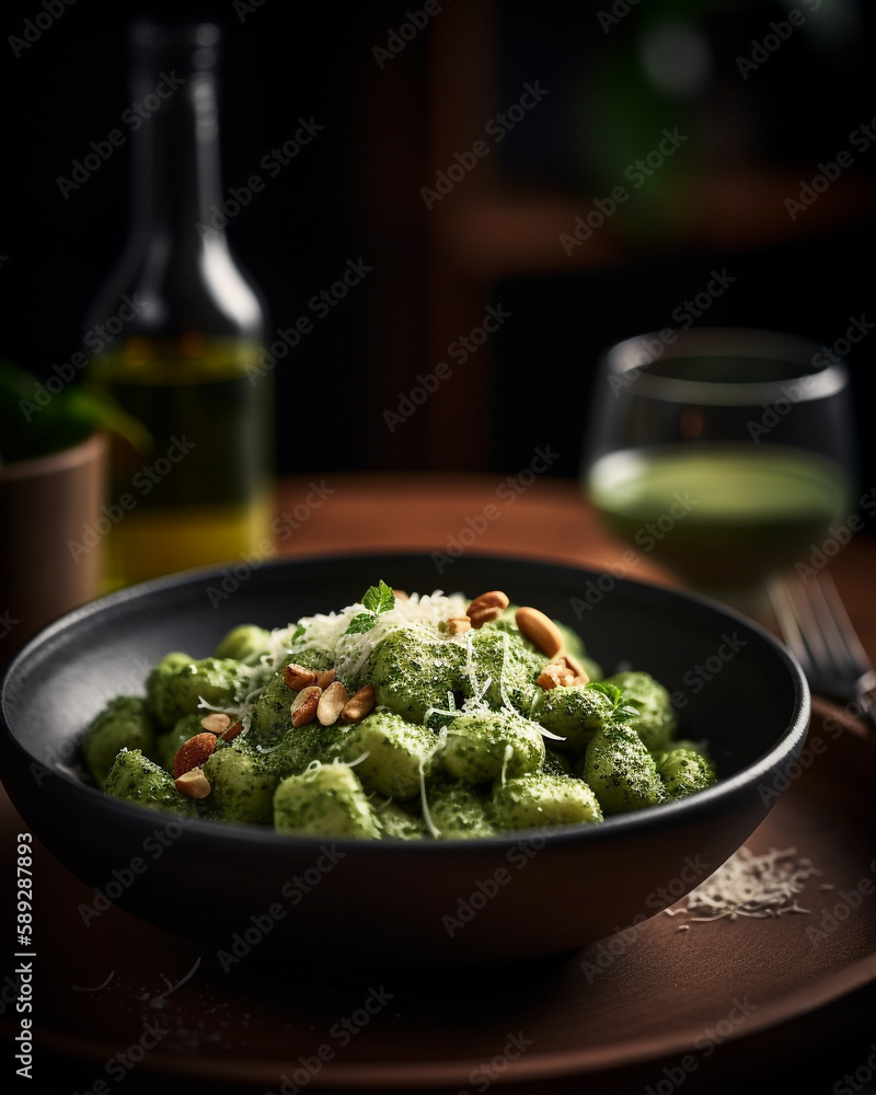 a rustic bowl of gnocchi pasta topped with a pesto sauce and shredded parmesan cheese in mood lighting - Generative AI