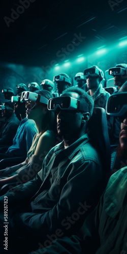 People wear VR glasses to watch 3d movie in the modern cinema. Neon light at backdrop. Generative AI.