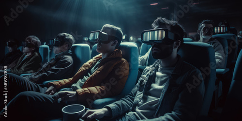 Young people wearing VR glasses in the cinema. Movie watching in modern multiplex theatre. Generative AI.