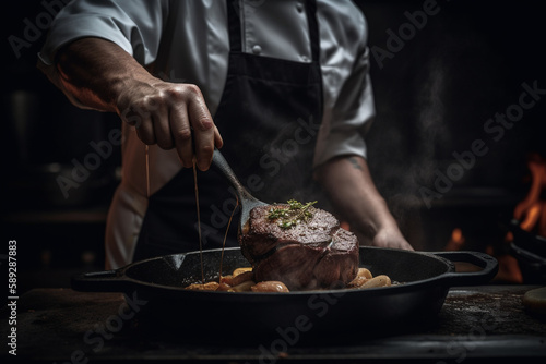Wallpaper Mural chef expertly preparing, searing and basting a jucy steak in a cast iron pan - G