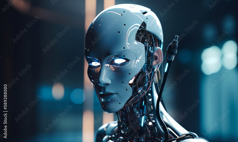 Female-like robot with neon light in the eyes. Some wire with a detail disconnected from head. Close up. Blurred backdrop. Generative AI. Female-like robot with neon light in the eyes. Some wire with a detail disconnected from head. Close up. Blurred backdrop. Generative AI.