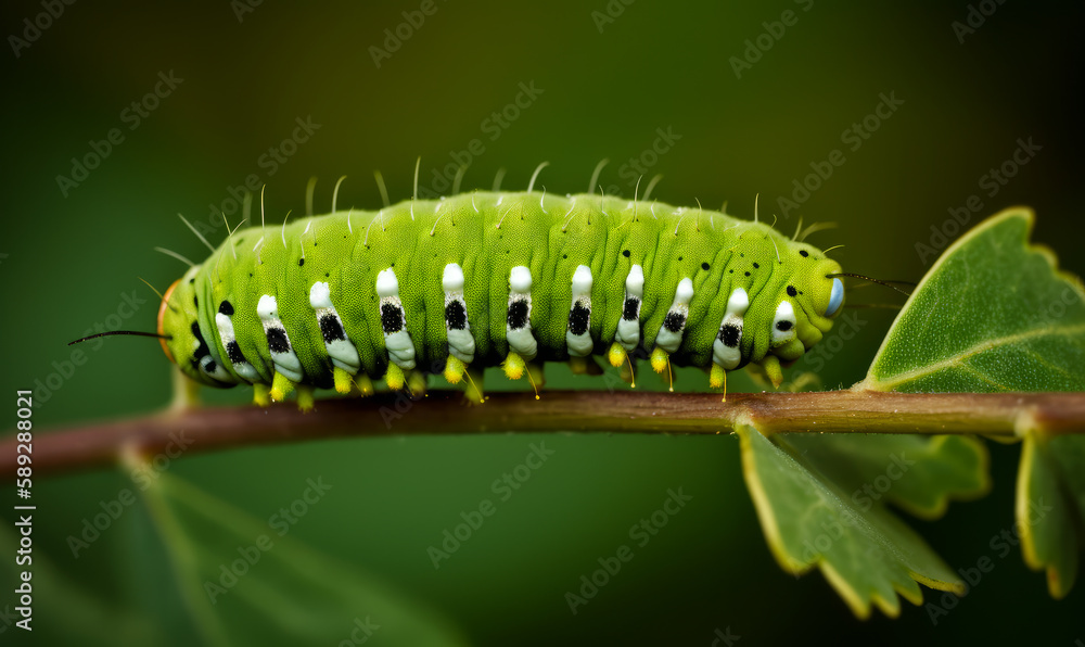 Light green caterpillar crawling by the thin branch. Worm with white and black spots and thin hairs in nature. Close up. Blurred backdrop. Generative AI. Light green caterpillar crawling by the thin branch. Worm with white and black spots and thin hairs in nature. Close up. Blurred backdrop. Generative AI.
