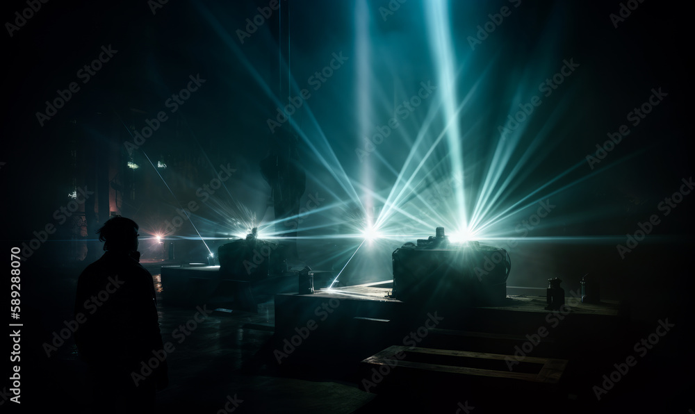 Little stage with some lights on in the dark hall. Unrecognized man stands looking at the stage. Generative AI.