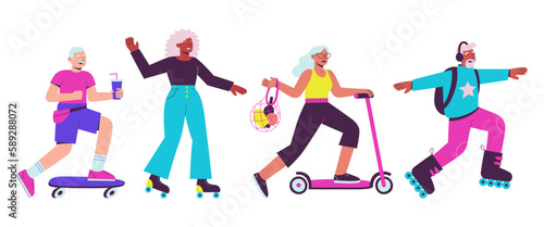A group of fashionable seniors of different races are actively spending time. Rollerblading, skateboarding, scootering. Active aging. Flat vector illustration of senior active sport.
