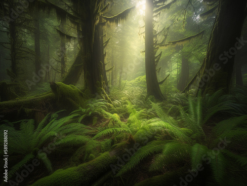 A nature photograph of a dark green mossy forest withh godrays light shining through the branches and a single huge tree parting the fauna - Generative AI