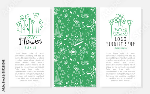 Flower shop logo design template. Floral boutique, studio, landscape designer, wedding florist flyer, promotional leaflet, invitation card hand drawn vector illustration