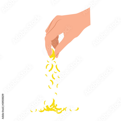 Hand pours grated cheese. The man's hand holds some cheese and the pieces fall down. Vector template for recipes, menu, decor, restaurant, cafe, pizzeria.