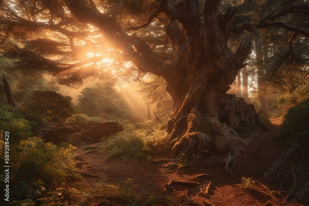 a sunset photograph of a massive brown tree covered in moss and lit by the orange of the sun in an ancient and lost forest - Generative AI