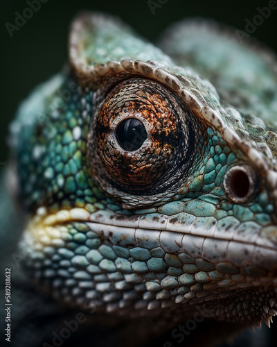 macro photograph of the head of a chameleon  multiple colors accenting its scaly skin - Generative AI