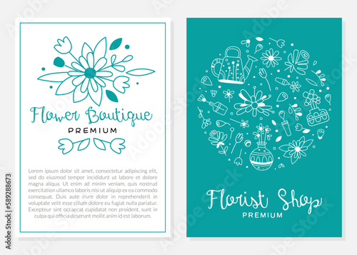 Flower boutique business card template. Floral shop, landscape designer, wedding florist flyer, banner, invitation card vector illustration