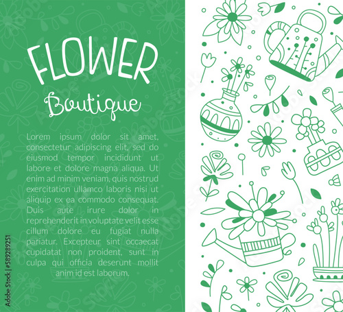 Flower boutique card template with place for text. Floral shop or studio, landscape designer, wedding florist flyer, banner, invitation card vector illustration