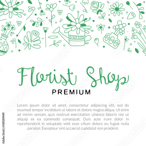 Florist shop banner with ext. Flower studio, landscape designer, wedding florist card, poster, brochure, booklet vector illustration