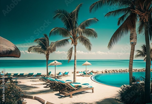 Beachside tourism panoramic landscape. Luxurious beach resort poolside, swimming pool, beach chairs beds, umbrellas with tropical palm trees and blue sky. Summer travel and vacation. Generative AI