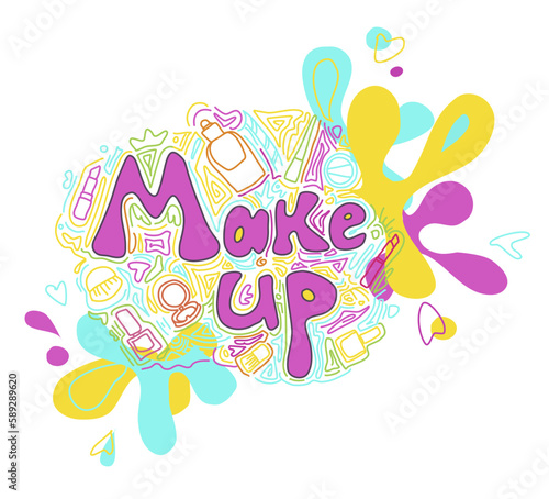 Makeup brush bright lettering on pink art brush stroke background with cosmetics collection. Handwritten Lettering of  Make Up. Template for Card, Label, Postcard, Poster, Sticker, Print 