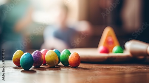 Colorfully painted easter eggs on a wooden table  on blurred background  close-up