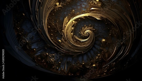 Illustration of a golden abstract spiral design on a black background, in the style of baroque, for wedding cards, desktop wallpaper, Generative AI