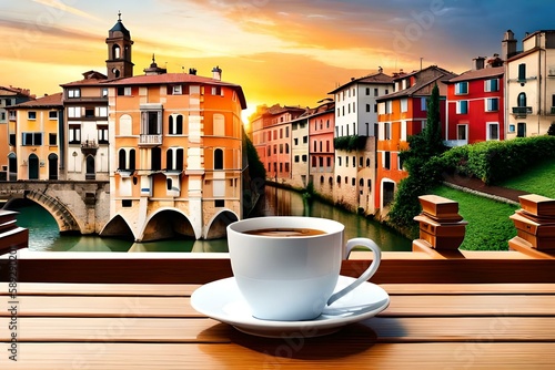 A cup of coffee on table with Italian town at the background