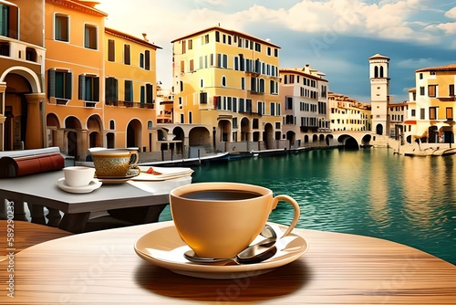 A cup of coffee on table with Italian town at the background © DESIGN