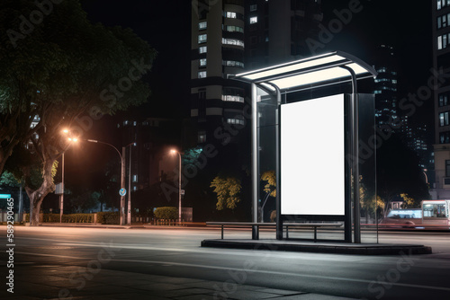 Blank white vertical digital billboard poster on city street bus stop sign at night. AI generated