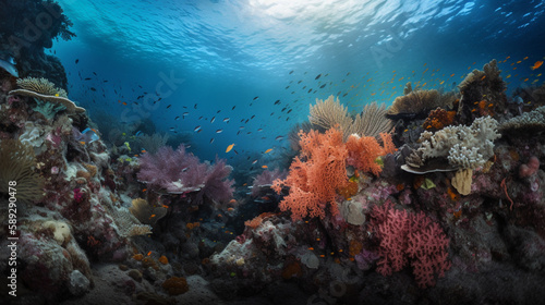 A vibrant coral reef with colorful fish and shimmeri Generative AI photo