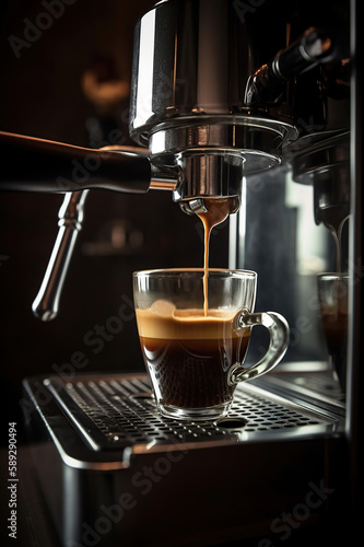Coffee machine preparing fresh espresso through the bottomless portafilter. Generative Ai