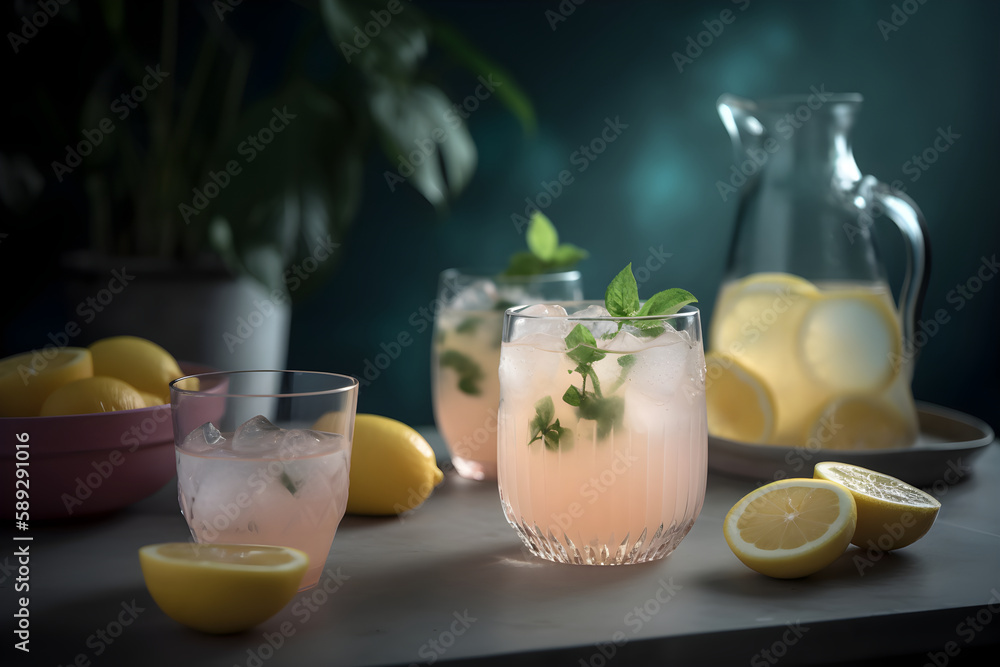 Cool freshly made lemonade and fruits on grey wooden table. generative ai Cool freshly made lemonade and fruits on grey wooden table. generative ai